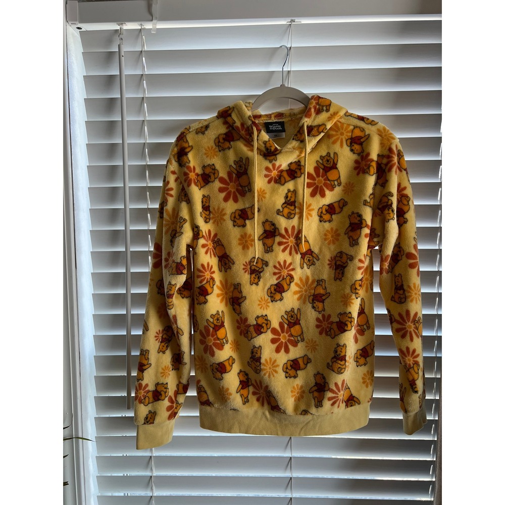 Disney Winnie the Pooh Hoodie Fleece Yellow Floral Retro Kidcore Whimsical Cozy